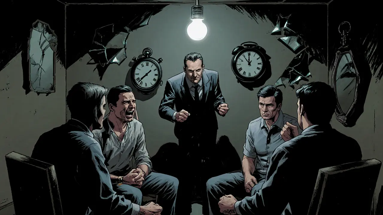 Skupina lidí v terapeutickém kruhu, jeden pláče, druhý se zlobí.