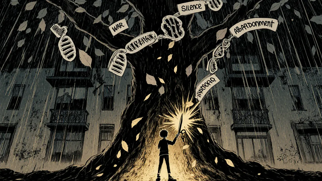 Strom s kořeny z DNA a listy jako slzy, kde člověk řeže černou nitku trauma pod rozpadajícím se domem.