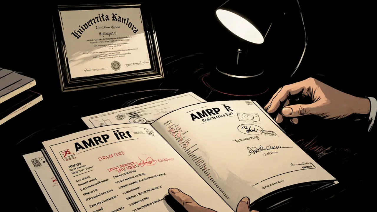 Stůl terapeuta s otevřeným registračním listem AMRP, diplomy a lampou vrhající dramatické stíny.