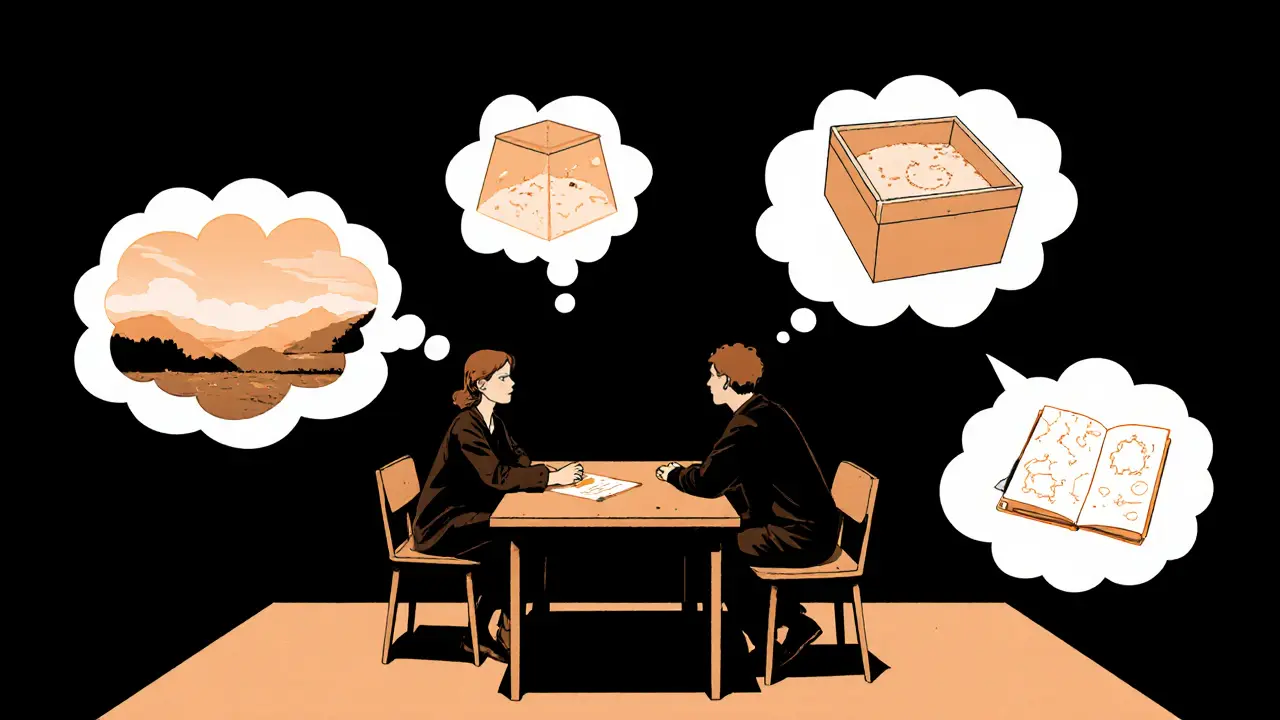 Terapeut a klient v místnosti, kolem nich bubliny s bezpečným místem a kresbami.