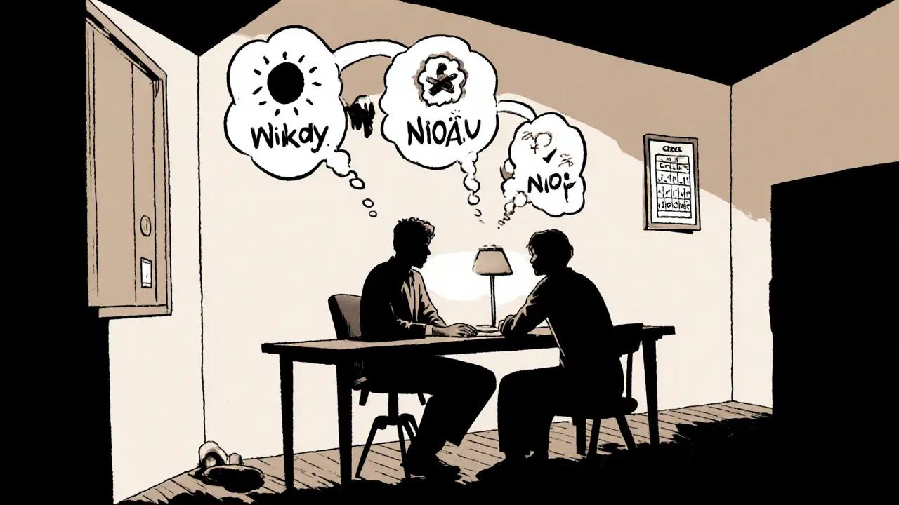 Terapeut a pacient u stolu, bubliny myšlenek ukazují negativní myšlenky, které jsou přeškrtnuty.