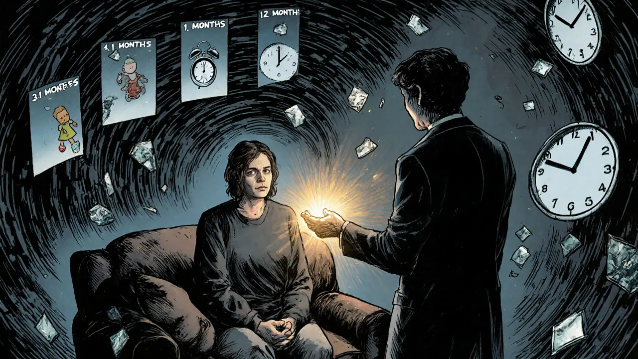 Terapeut a pacient v terapeutické místnosti, kolem nich se točí vzpomínky, z terapeuta vychází zlaté světlo.