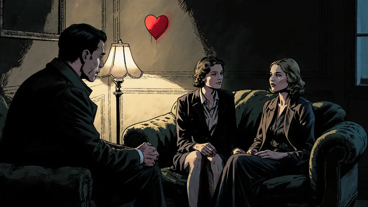 Terapeutické sezení ve stylovém pokoji, dvojice terapeutů vede pár skrze emocionální cvičení.