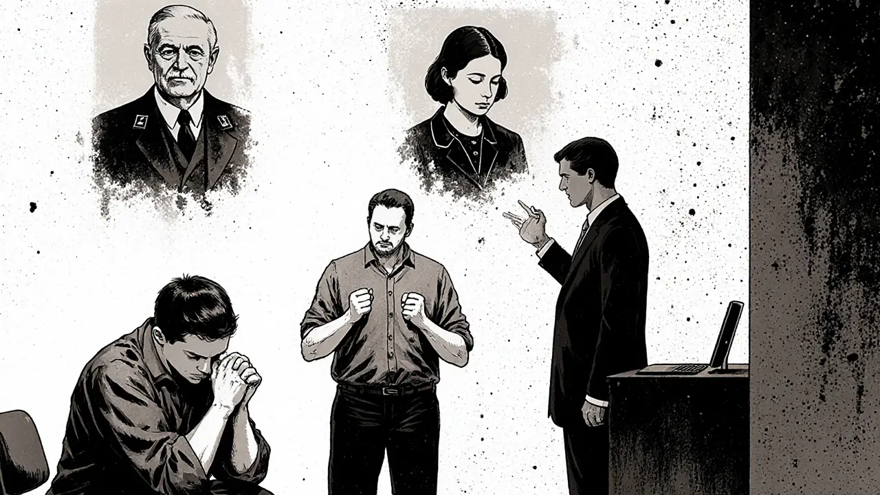 Tři zástupci v terapeutické konstelaci cítí nevysvětlitelné emoce, zatímco stíny předků se objevují jako průhledné obrazy.