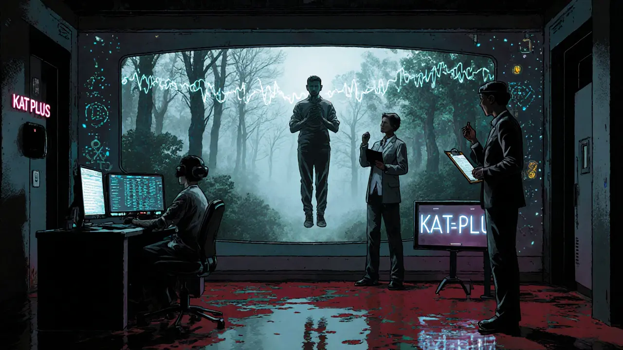 Budoucí terapeutická místnost s holografickým lesem a EEG rozhraním, ve stylu noir komiksu.