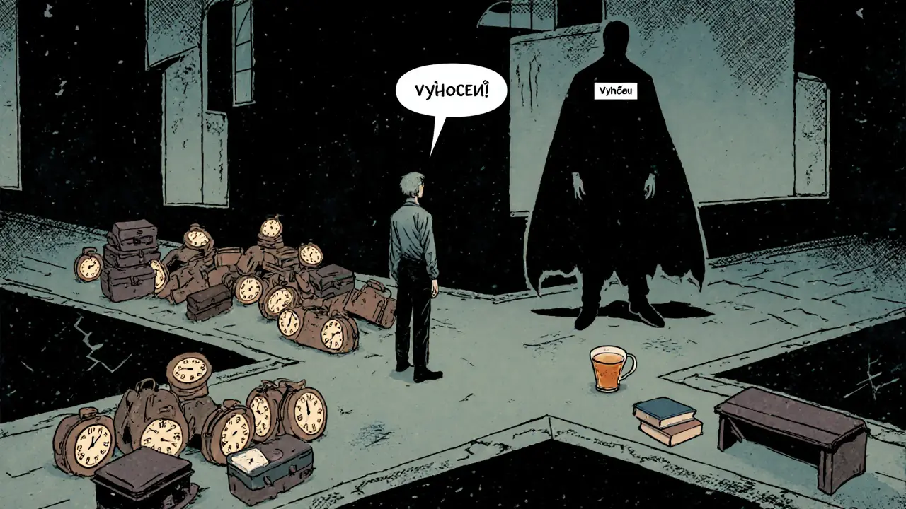 Člověk na křižovatce: jedna cesta k vyhoření, druhá k klidu, s čajem a knihou v pozadí.