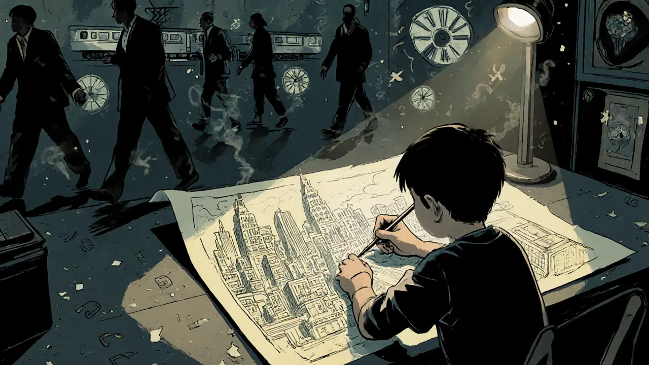 Dítě kreslí detailní město, zatímco ostatní kolem něj vypadají jako nezřetelné stíny.