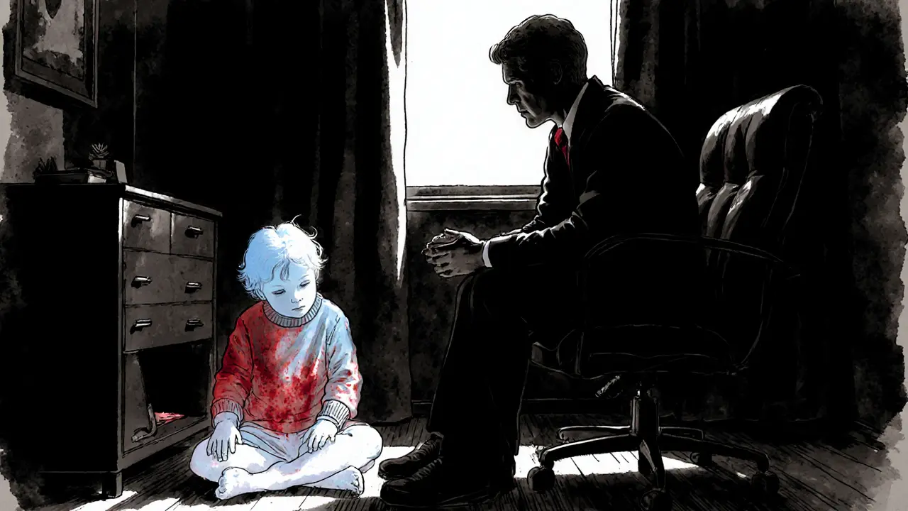 Dospělá osoba v terapii spolu s průhlednou verzí svého vnitřního dítěte, které hledá útěchu.