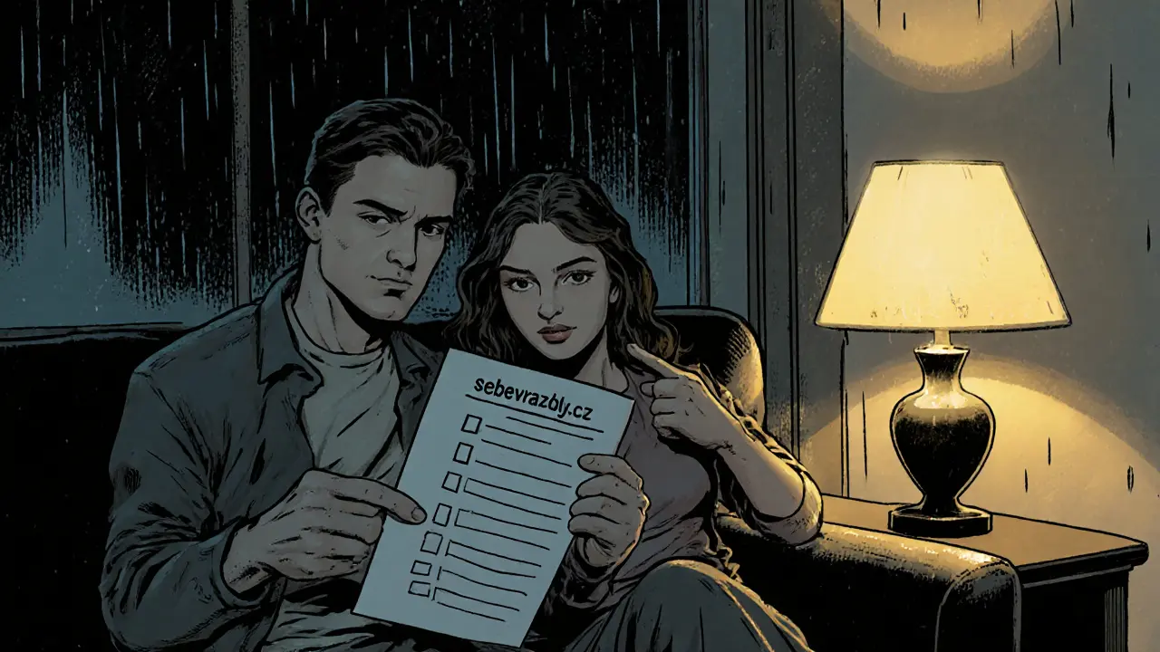 Dva lidé spolu na kanapě, jeden ukazuje na papír s bezpečnostním plánem v měkkém světle.