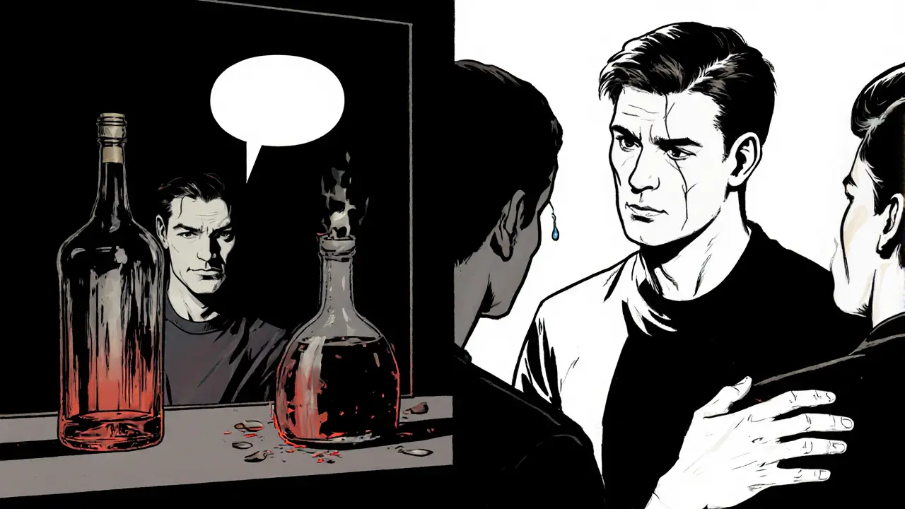 Dva scény: muž samotný před láhví a stejný muž v terapeutické skupině, kde se dotýká druhého člověka.