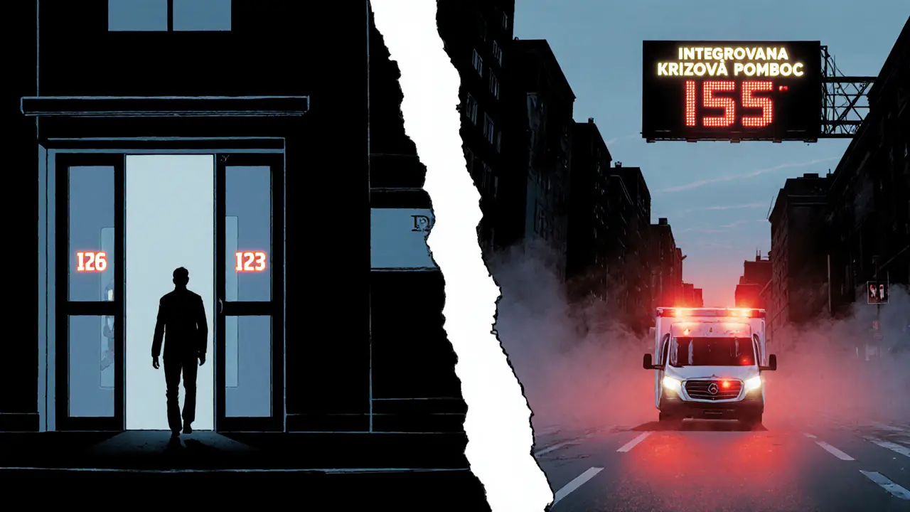 Dvě scény: jedna s člověkem, který hledá psychologickou pomoc, druhá s sanitkou, která záchrání život.