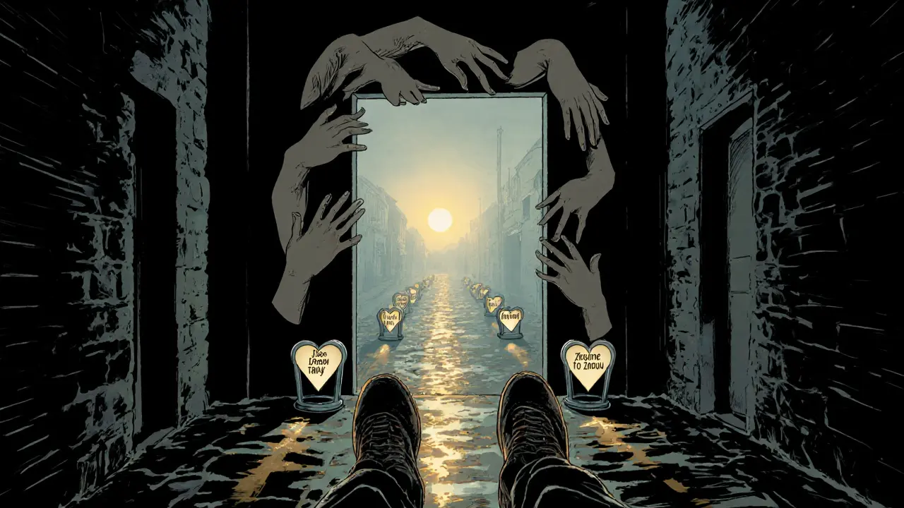 Dveře z rukou v mlze, cesta osvětlená srdci se zlatým světlem, kroky směrem dopředu.