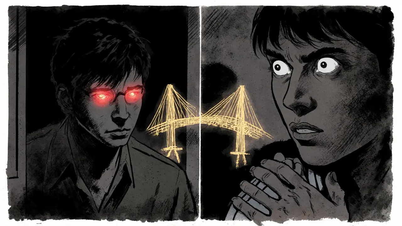 Dvojité znázornění: jedinec ve stínu a stejný jedinec v skupině, spojený zlatým mostem útěchy.