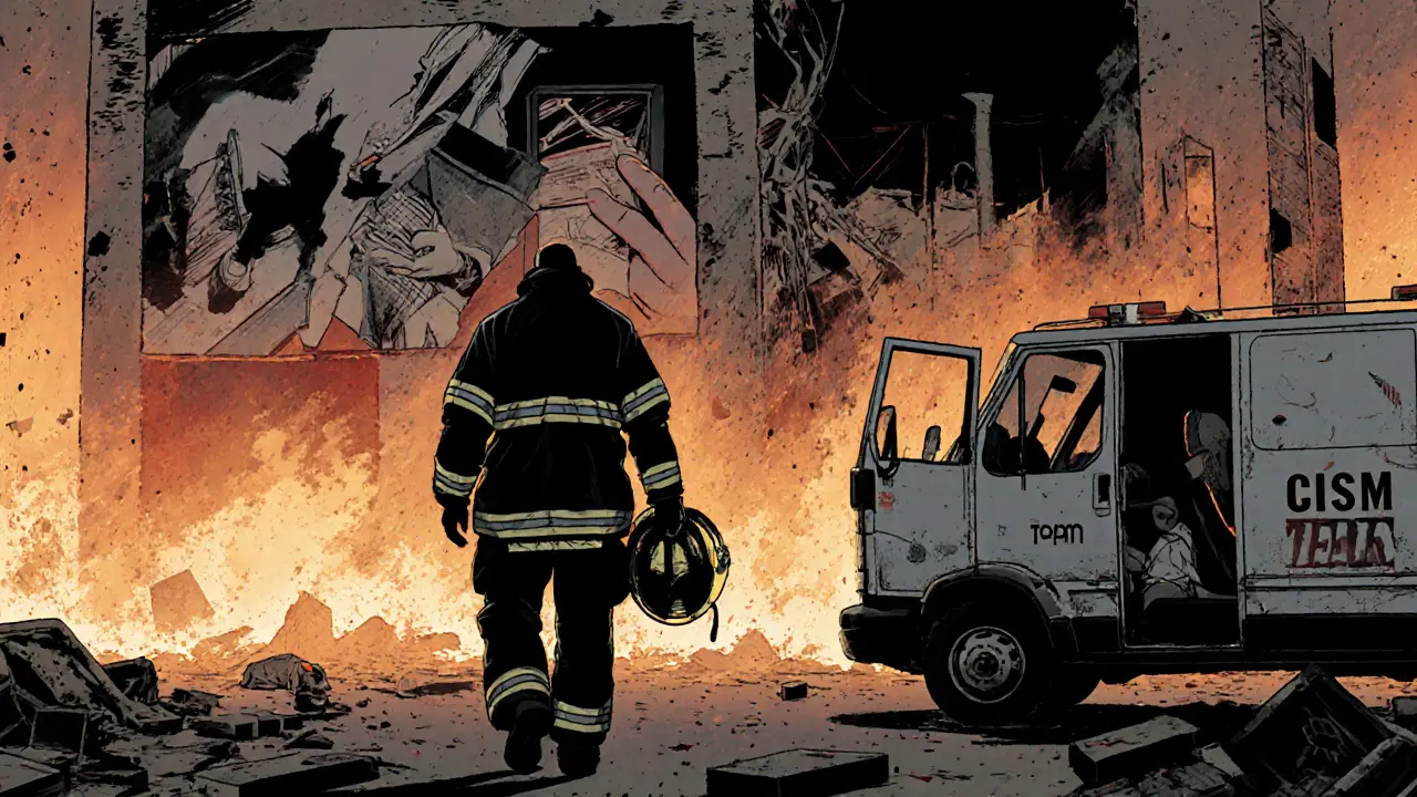 Hasič odchází od hořící budovy, za ním se jeví stíny traumatu, za ním čeká CISM vozidlo.