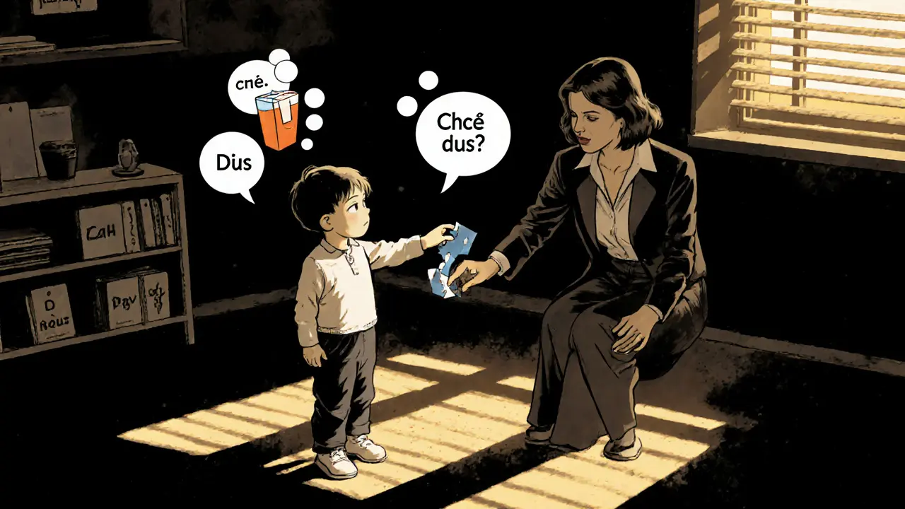 Logoped a dítě v terapii, vizuální karty a rozpadající se řečové bubliny.