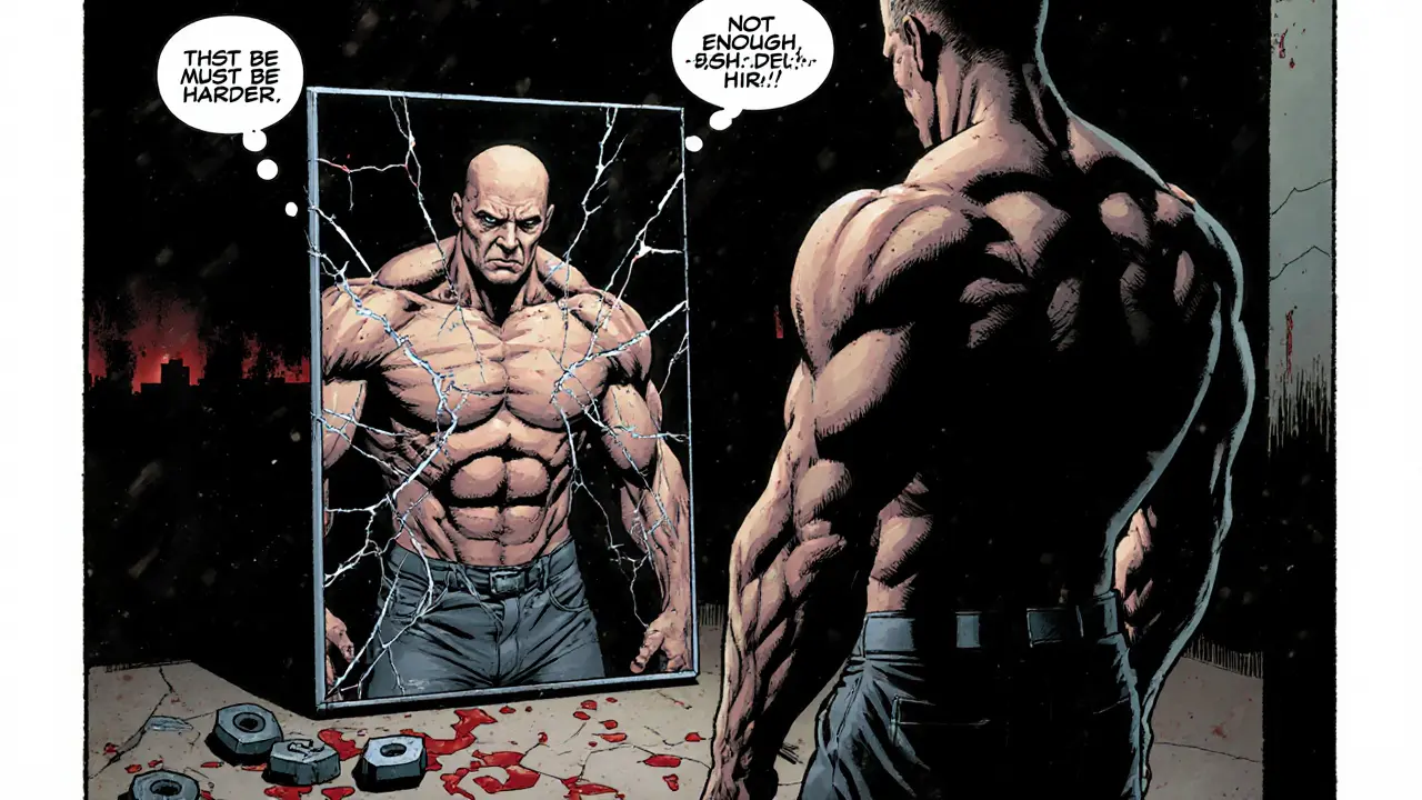 Muž se dívá do rozbitého zrcadla, jeho odraz je zkreslený a monstrózní, skutečné tělo slabé.