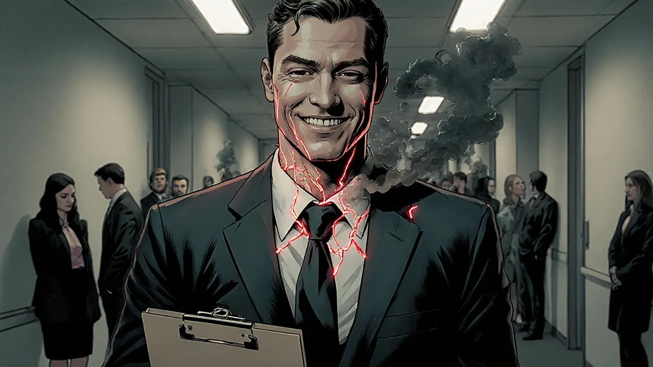 Muž v obleku stojí v kanceláři, jeho tělo se štěpí, z něj vychází pára, kolem něj lidé nevšímají si ho.