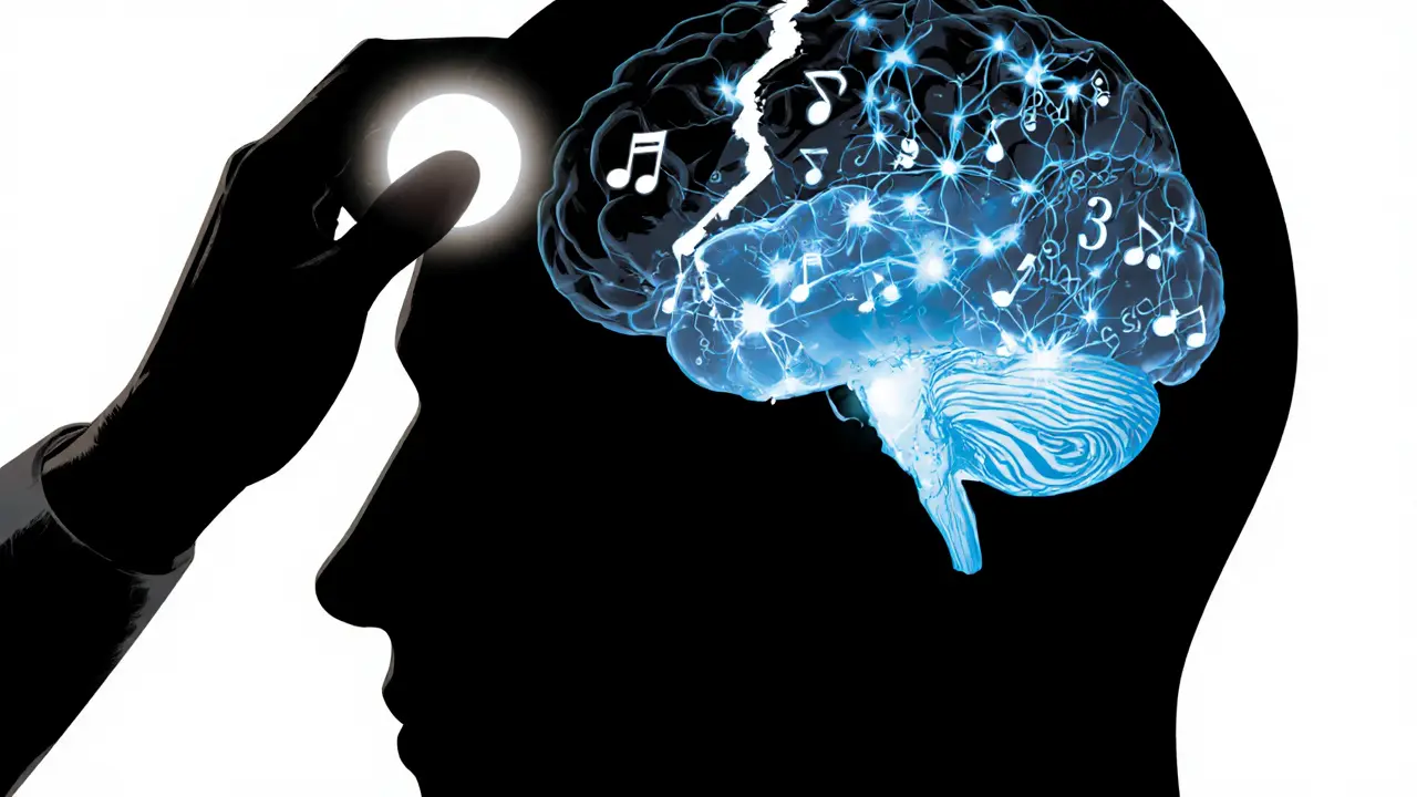 Neurolog stimuluje mozek, uvnitř kterého se rozvíjejí jasné neuronové cesty s čísly a hudbou.