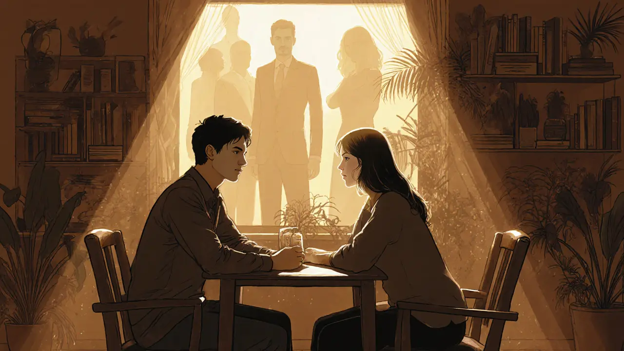 Osoba hovoří s novým terapeutem v osvětlené místnosti, duchy minulých terapeutů se rozpouštějí v pozadí.