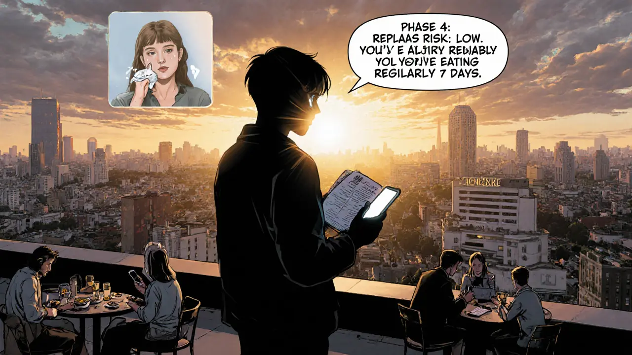 Osoba na střeše s deníkem a chytrým telefonem, nad ní se objevuje AI hlášení o nízkém riziku relapsu.