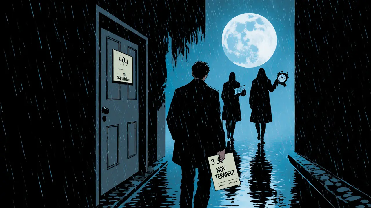 Osoba odchází od terapeutické místnosti v dešti, drží novou schůzku, stíny terapeutů za ní.