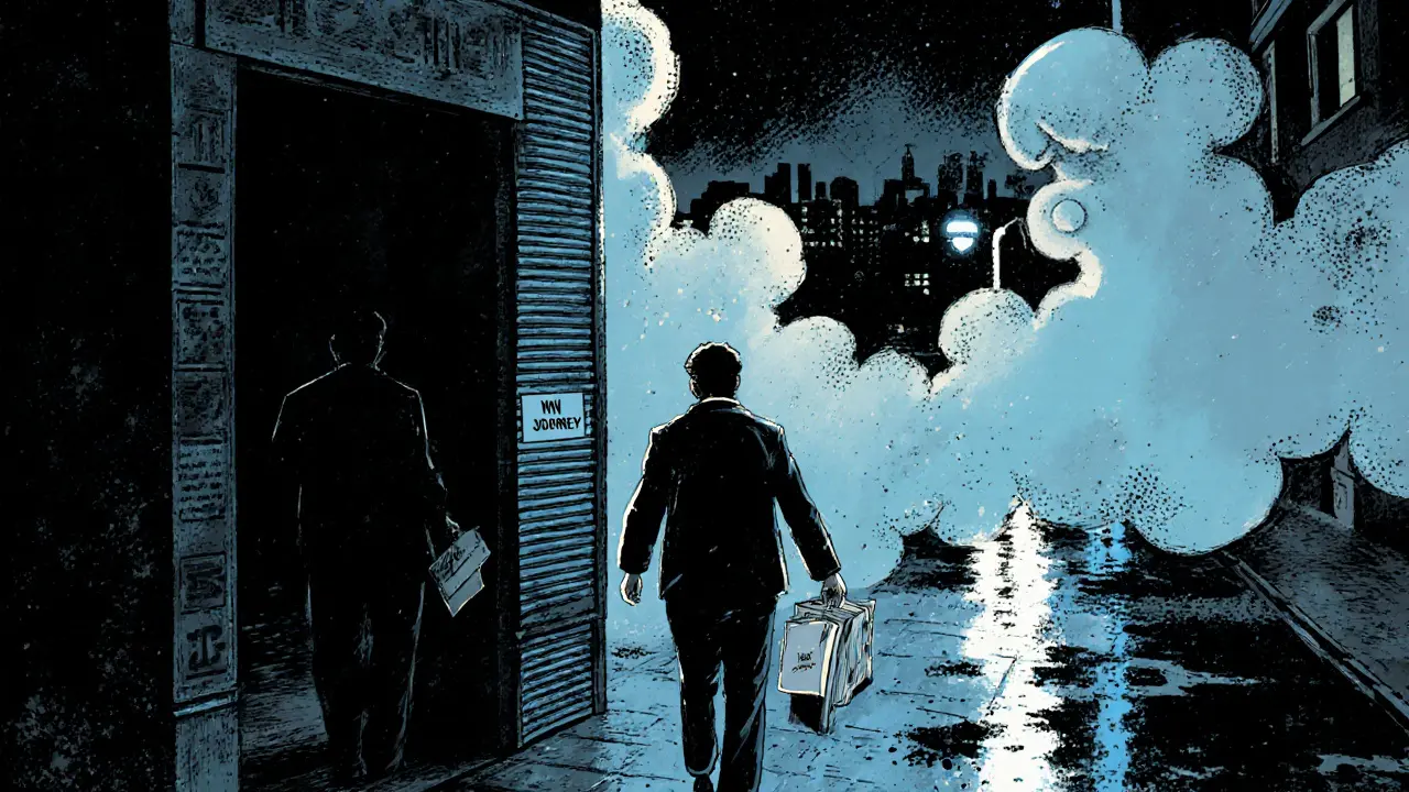 Osoba odchází od zavřených dveří terapie, stín terapeuta se mění v kouř, městský výhled za ní.