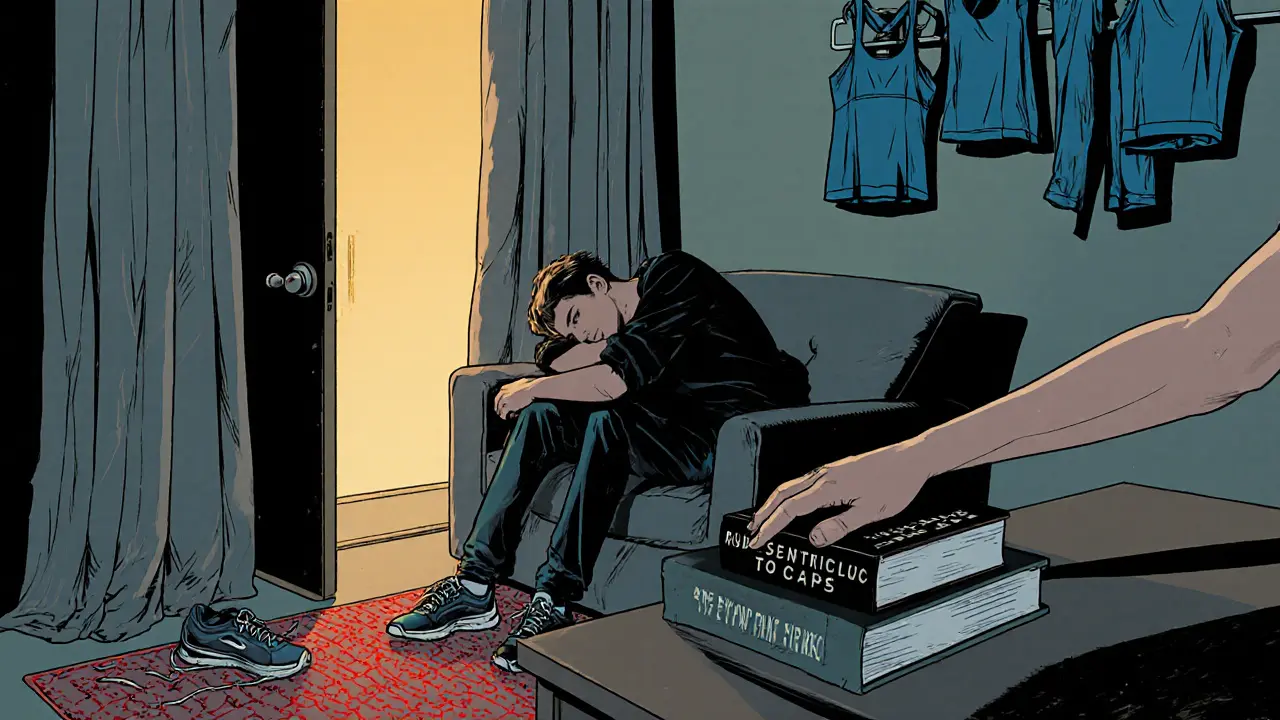 Osoba sedí na pohovce v terapeutické kanceláři, běžecké boty stojí u dveří, kniha na stole.