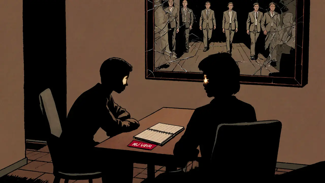 Pacient sedí s neurčitým terapeutem, v zrcadle se odrážejí různé verze jeho cesty.