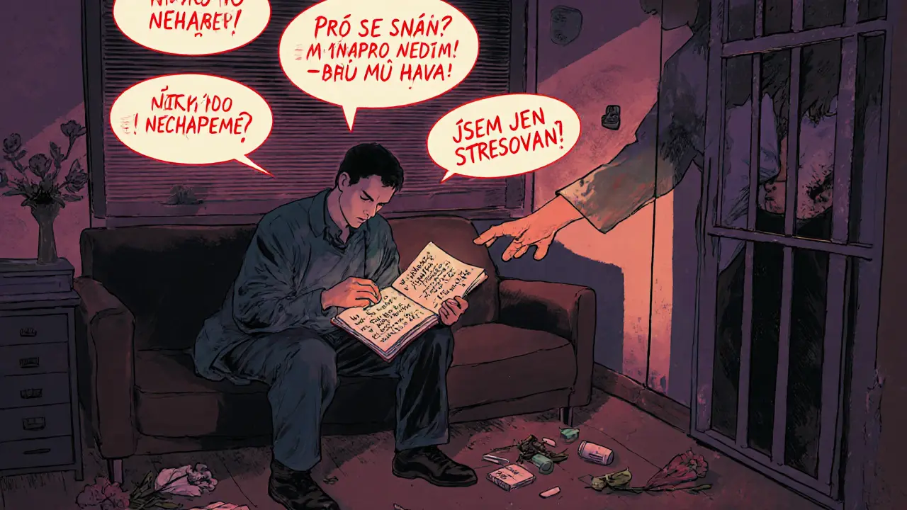 Pacient v terapeutické místnosti drží deník, nad ním se vznášejí myšlenky o bezcennosti a únavě, světlo z oken vytváří pruhy jako žebřík.