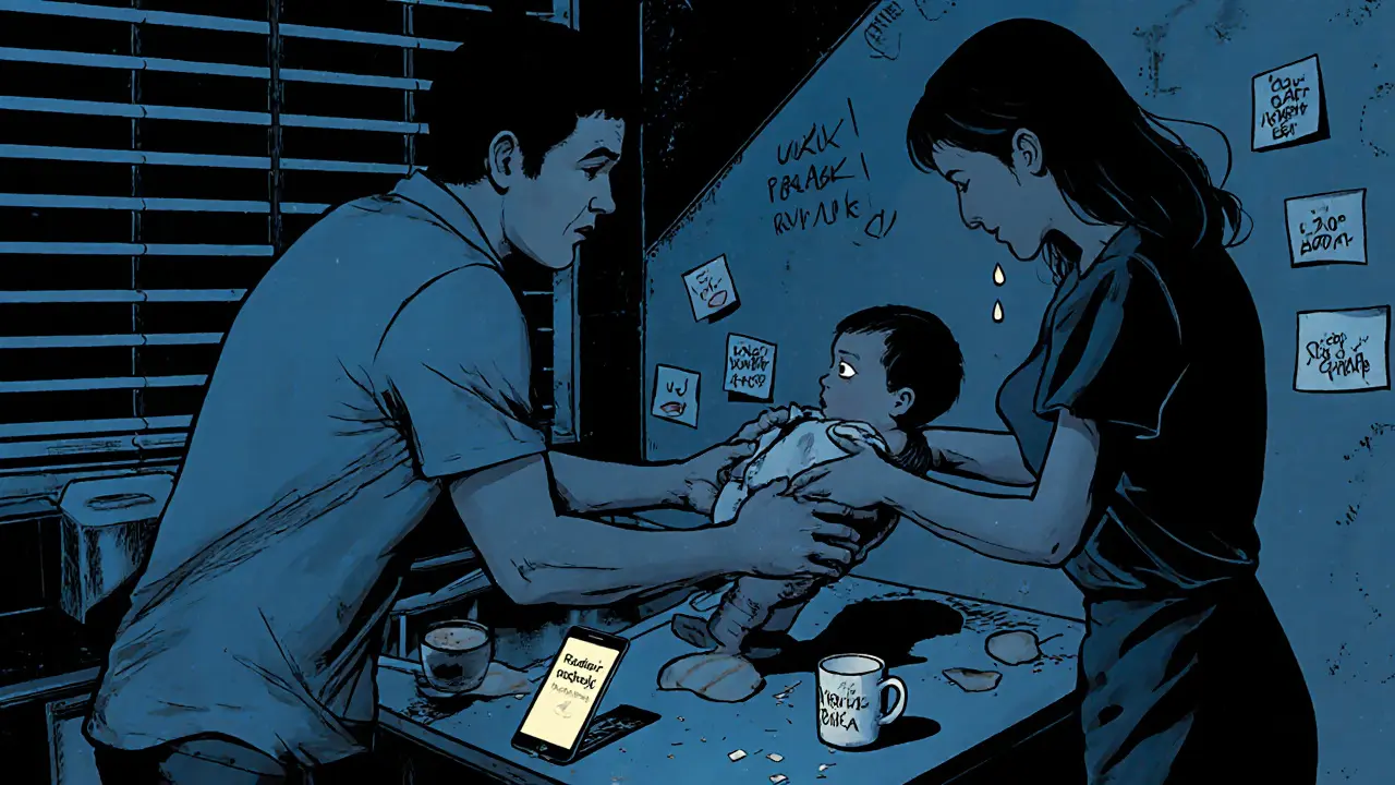 Pár předává dítě v kuchyni, telefon s aplikací na stole, měsíční světlo a stíny na zdi.