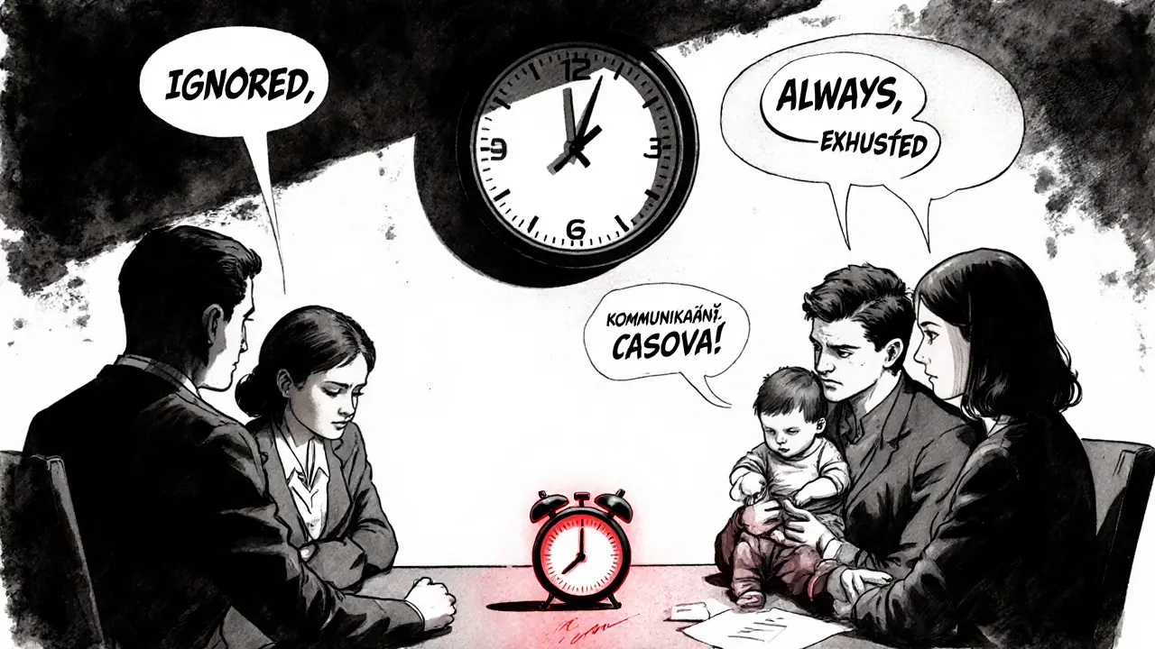 Pár v terapii s dvěma terapeuty, hodiny ukazují 3:17, časovač a emocionální bubliny ve vzduchu.