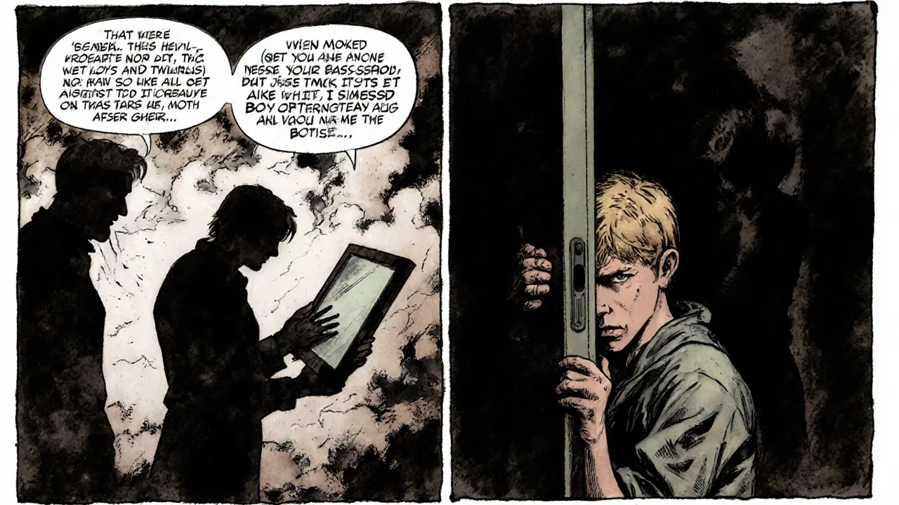 Rozdělená scéna: pacient jako dospělý a dítě, spojené zrcadlem terapeuta v noir stylu.