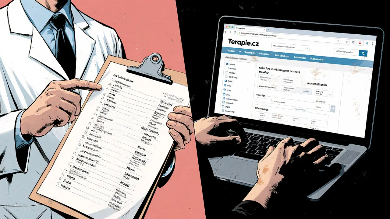 Rozdělený obraz: lékař ukazuje na seznam, pacient prohledává webovou stránku s terapeuty.