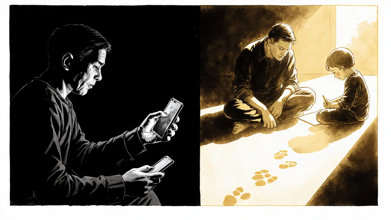 Rozdělený scénář: otec ignoruje dítě vlevo, společně kreslí vpravo — znázorňuje změnu v přístupu.