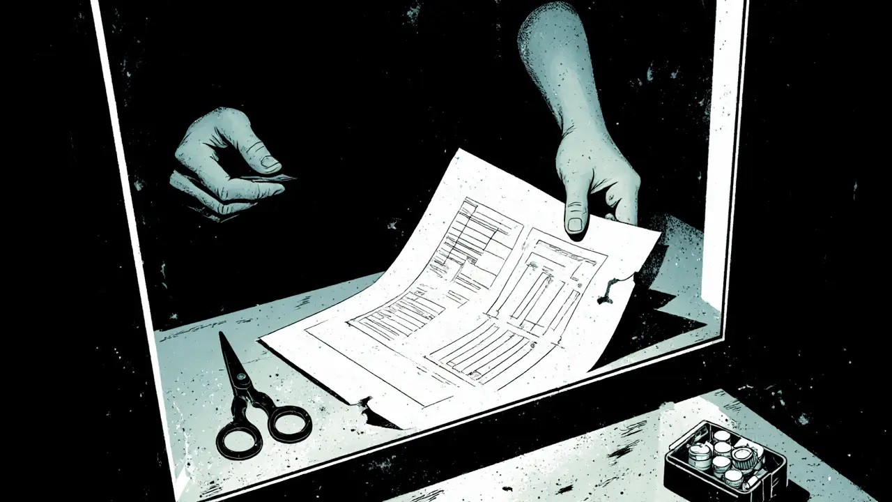 Ruka klade plán na zrcadlo, vedle něj uzamčené léky a nůžky ve skříňce.