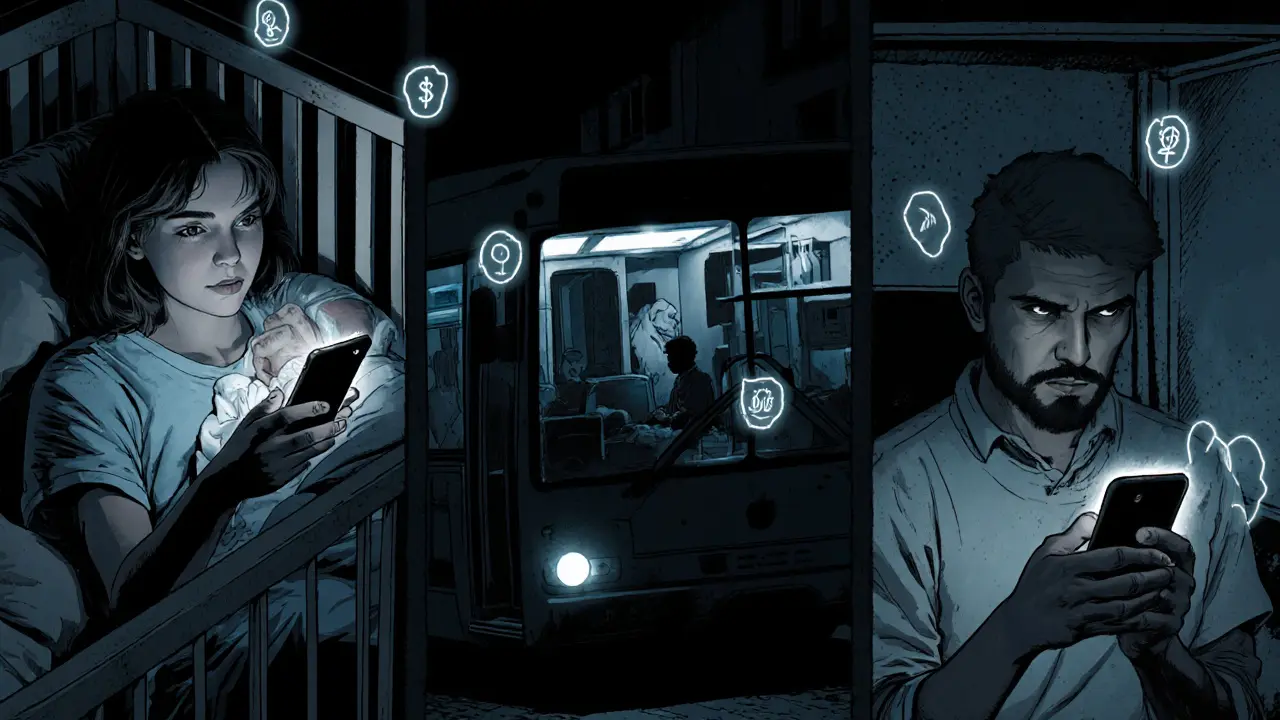 Různí lidé v Česku používají digitální nástroje pro duševní zdraví v nočních prostředích.