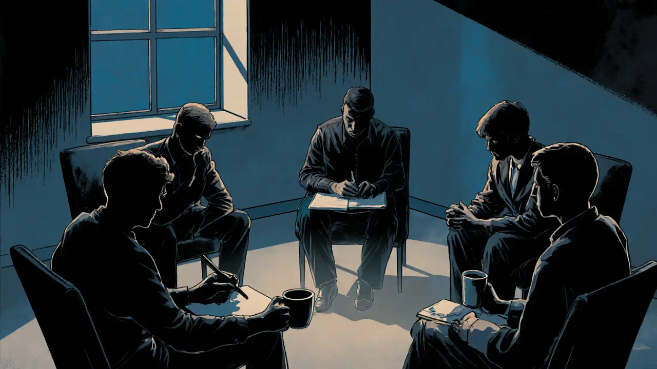 Skupina lidí mlčí v terapeutické skupině, každý ve svém světě, ale společně v klidné přítomnosti.