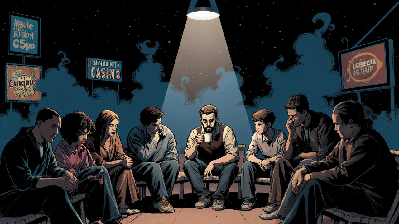 Skupina lidí v kruhu najde podporu v komunitě, závislost se mění v naději, noirem stylu s jemným světlem solidarity.