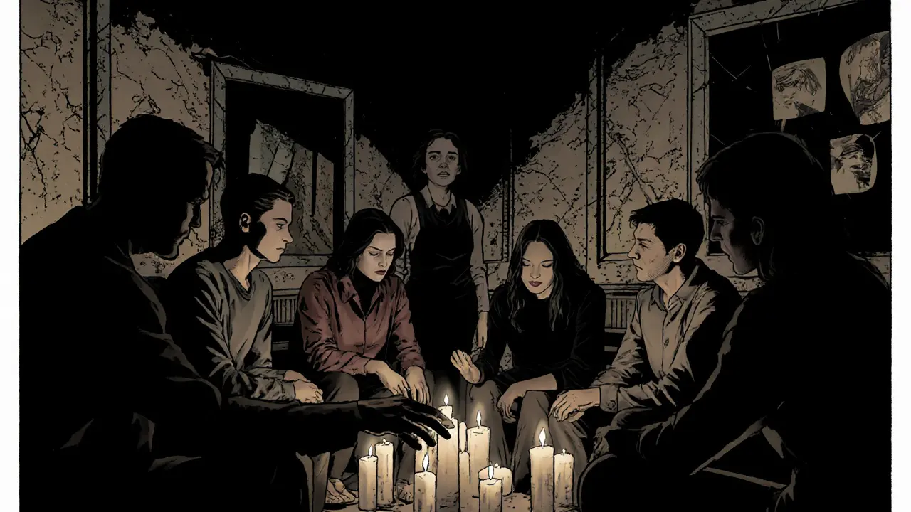 Skupina lidí v tiché místnosti, kde se mezi nimi objevuje jemná spojení v tělesném kontaktu.