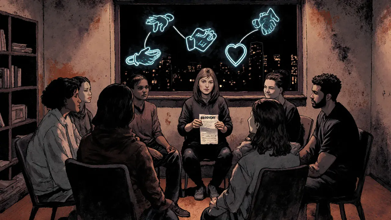 Skupinová terapie v komunitním centru, sedm lidí v kruhu, terapeut vede diskusi, město venku v tmavých stínech.