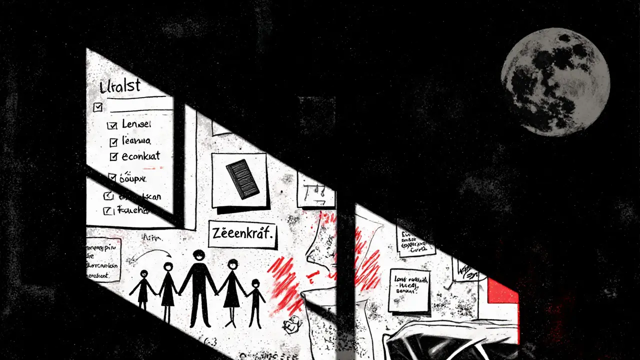 Stěna domácnosti s ručně psanými poznámkami o malých úspěších, měsíční světlo osvětluje papíry.