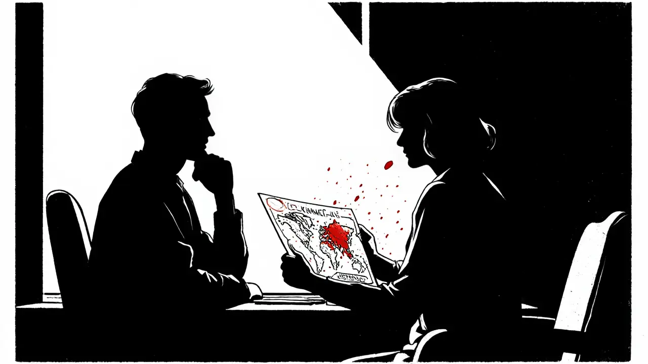 Terapeut a klient spolu sedí, klient drží rukou nakreslenou mapu svých emocí v temné místnosti.