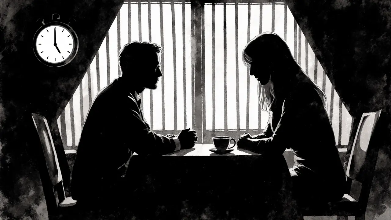 Terapeut a pacient sedí mlčky v terapeutické místnosti, stíny a ticho jako jediné slovo.