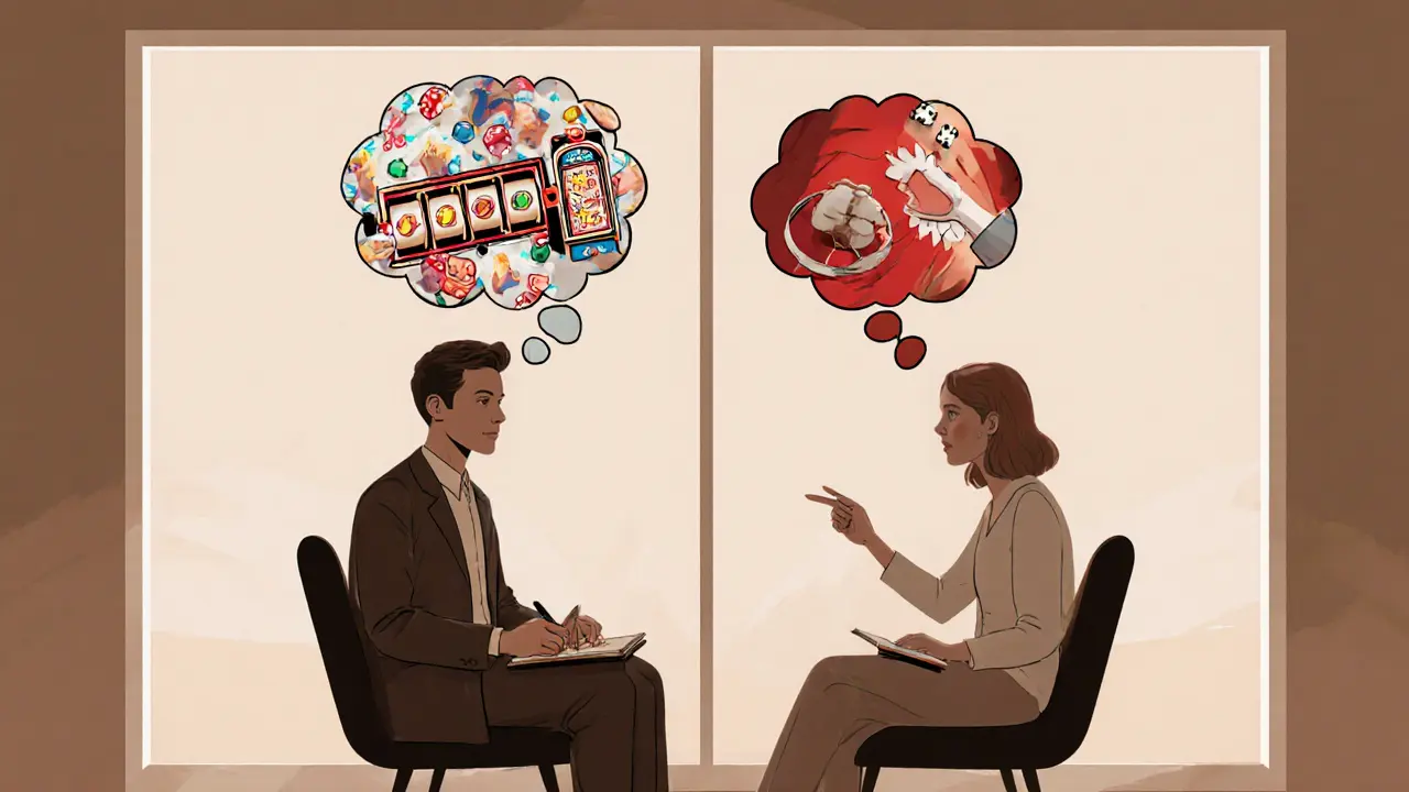 Terapeut a pacient spolu diskutují, myšlenky závislosti se mění na zdravé návyky v kognitivně-behaviorální terapii.