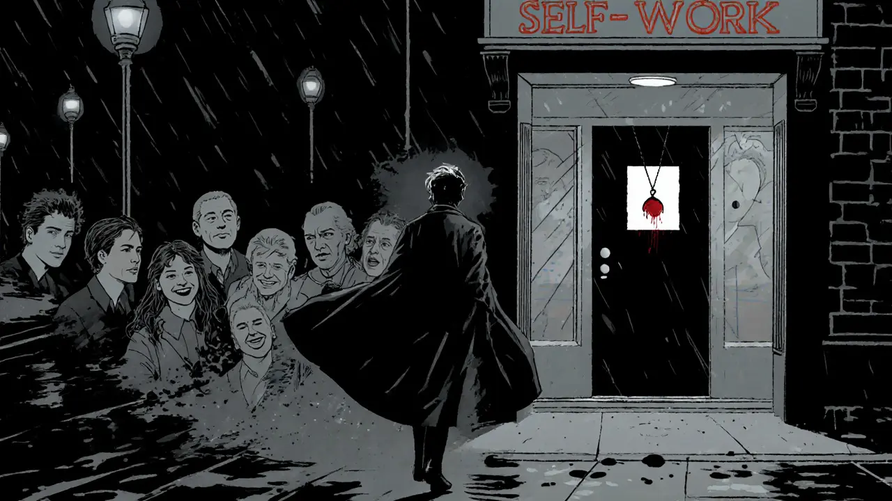 Terapeut odchází v noci, za ním stíny klientů a dveře označené &#039;Vnitřní práce&#039;.