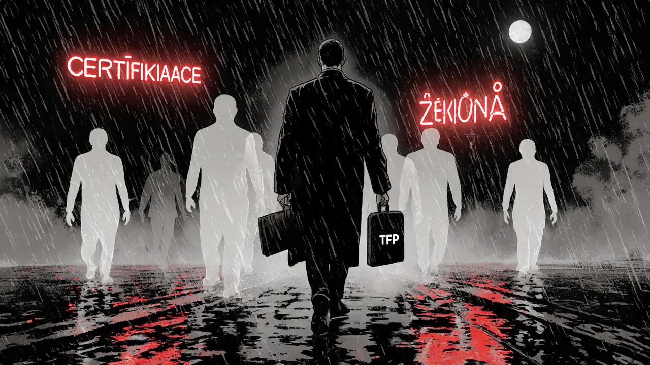 Terapeut prochází dešťovou Prahou, za ním plavou stíny pacientů s českými nápisy.