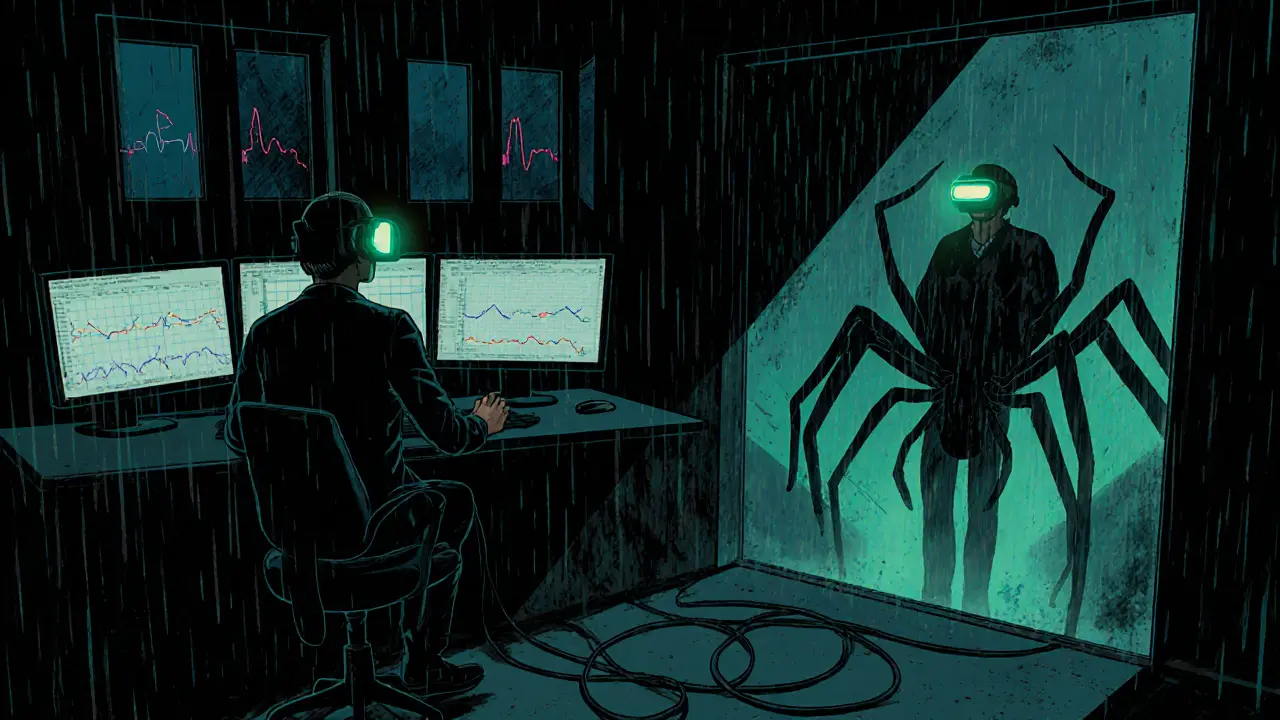 Terapeut sleduje biometrická data zatímco klient virtuálně čelí pavoukovi.