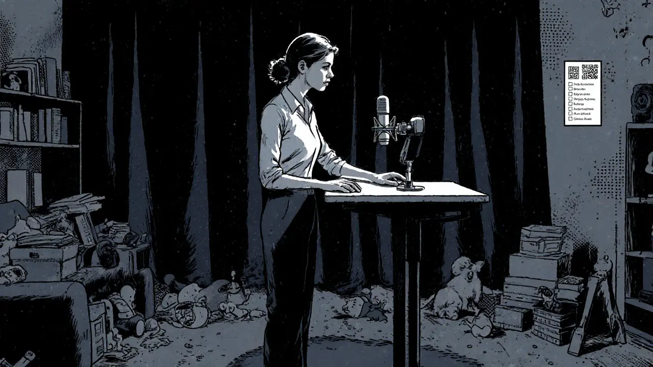 Terapeut stojí u polohovatelného stolu, za ním závěsy skrývají nebezpečné pozadí, profesionální mikrofon a kamera jsou vidět.