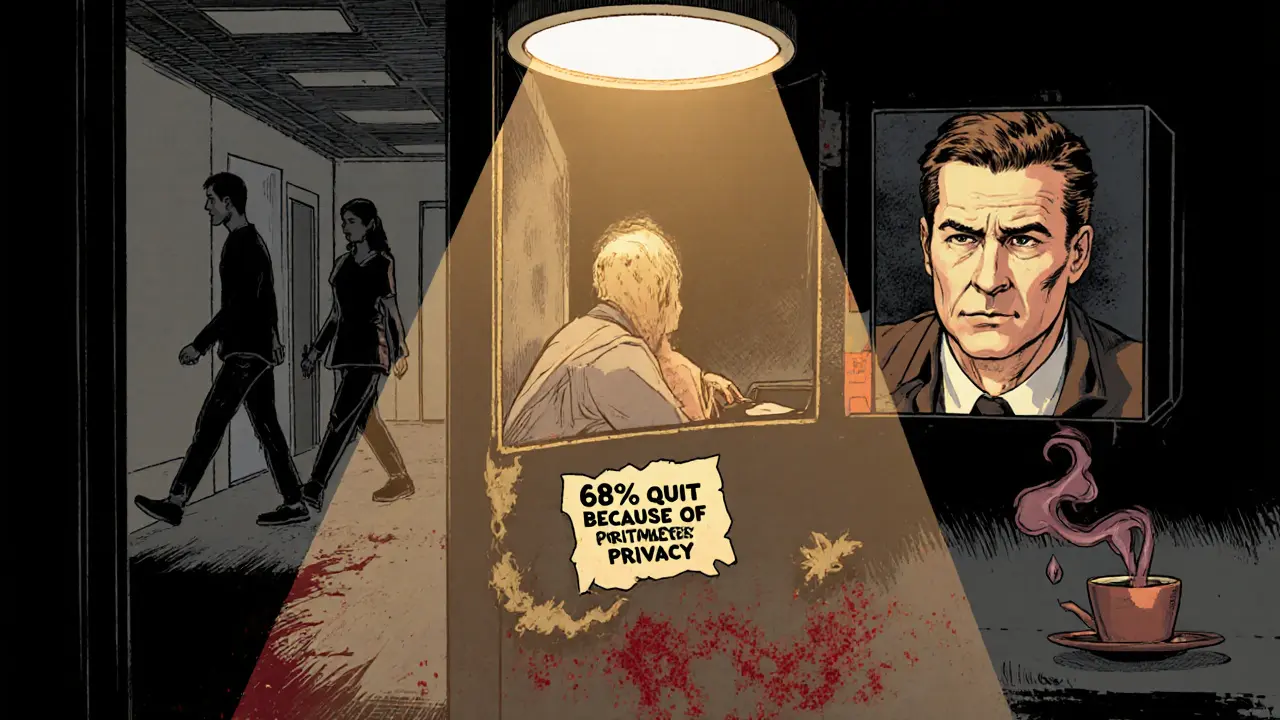 Terapeut v zvukově izolovaném boxu, osvětlený ring lightem, na monitoru viditelný klient, venku rozptýlené postavy.