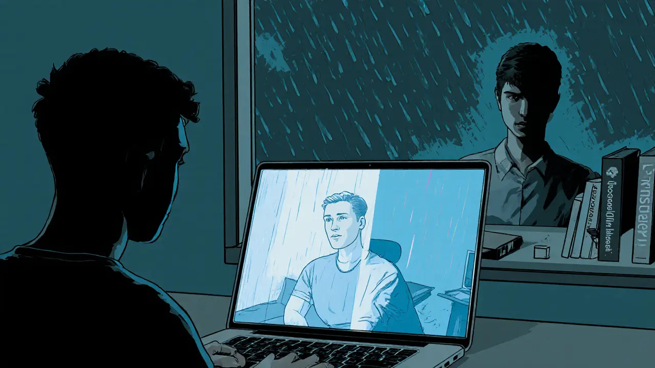 Terapeut ve výcviku vede online sezení, školitel ho pozoruje z pozadí, modré světlo z obrazovky.